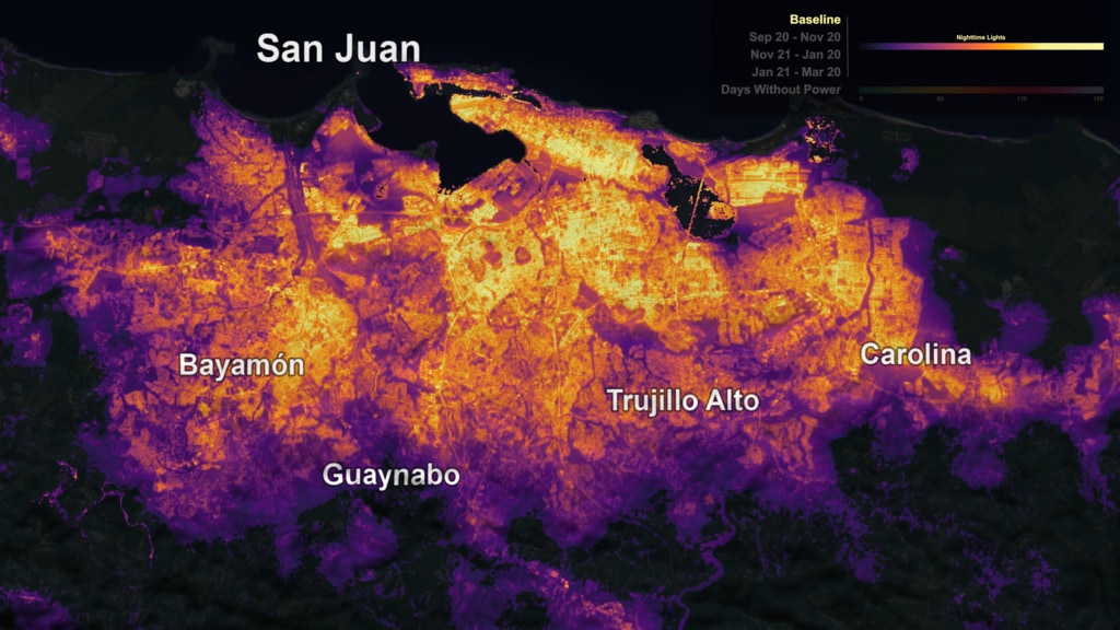 Luces nocturnas de Puerto Rico después del huracán María, observadas con Black Marble (NASA Scientific Visualization Studio)